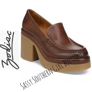 Zodiac cognac brown leather chunky loafer heels 7.5